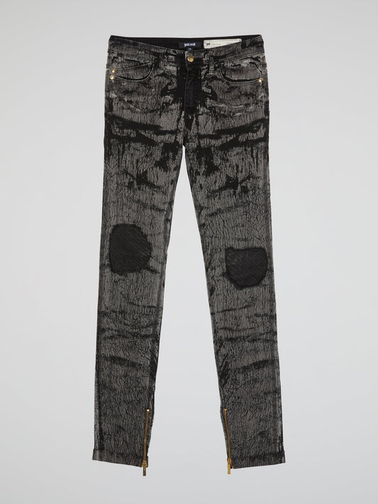 Grey Zip-Detail Distressed Pants