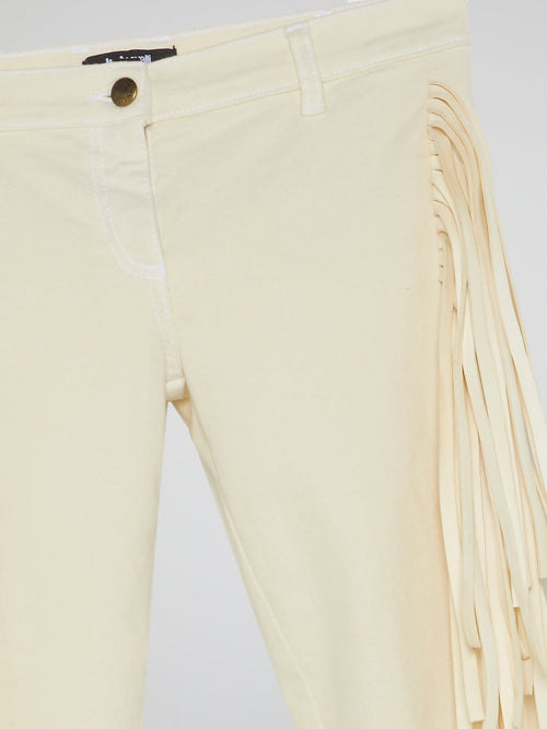 White Fringe-Detail Trousers