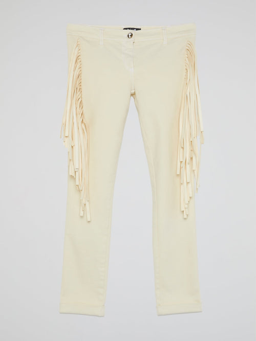 White Fringe-Detail Trousers