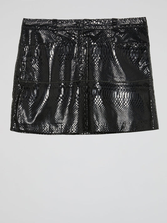 Black Snake Effect Leather Mini Skirt