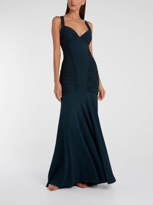 Navy Ruched Long Tail Maxi Dress