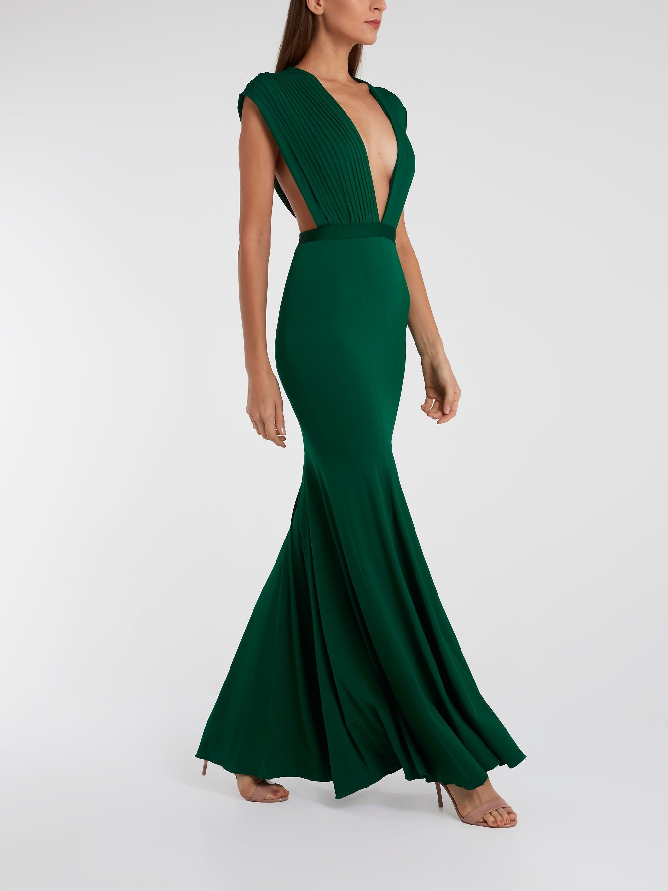 Green Pleated Plunge Maxi Dress