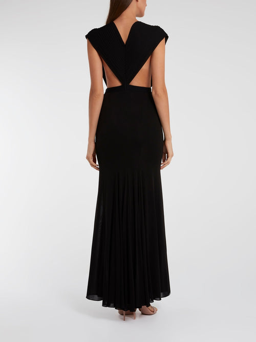 Black Pleated Plunge Maxi Dress