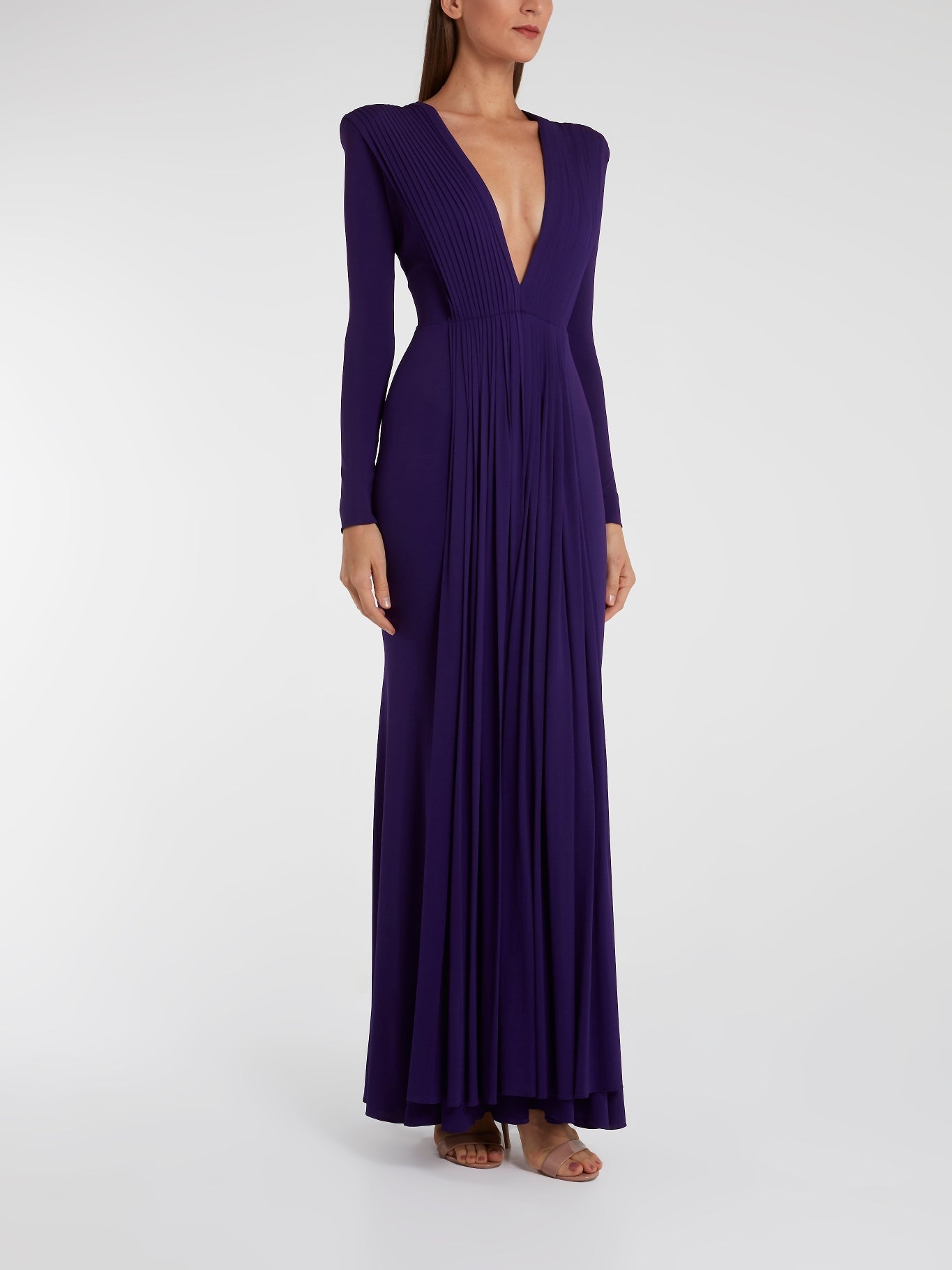 Purple Pleated Long Sleeve Maxi Dress