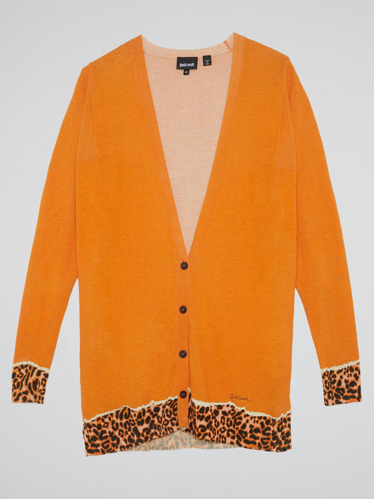 Orange Leopard Print Hem Cardigan