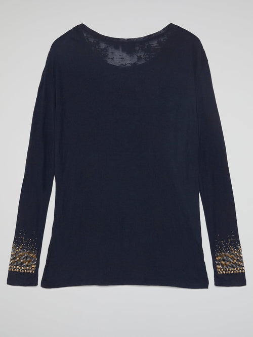 Navy Studded Long Sleeve Top