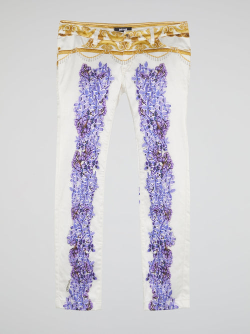 White Floral Print Trousers