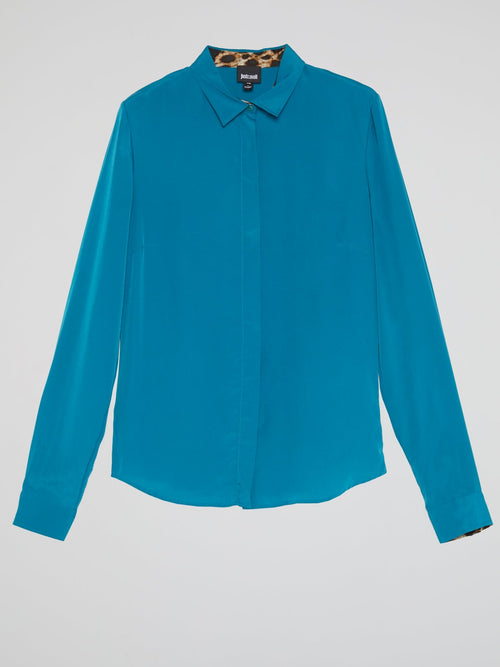 Blue Leopard Print Panel Shirt