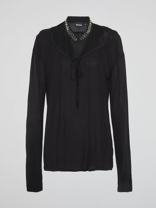 Black Studded Collar Long Sleeve Top