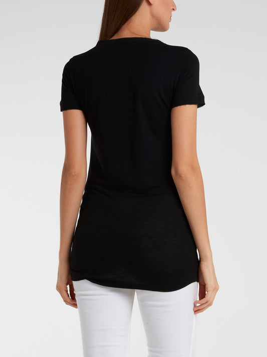 Black Frayed Trim Embellished Top