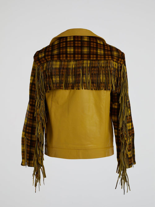 Yellow Plaid Panel Fringe Moto Jacket