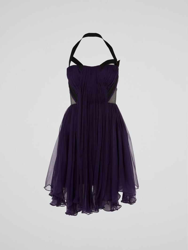 Purple Halter Neck Cami Pleated Tulle Mini Dress