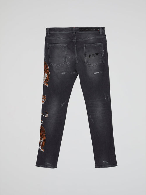 Black Tiger Print Jeans