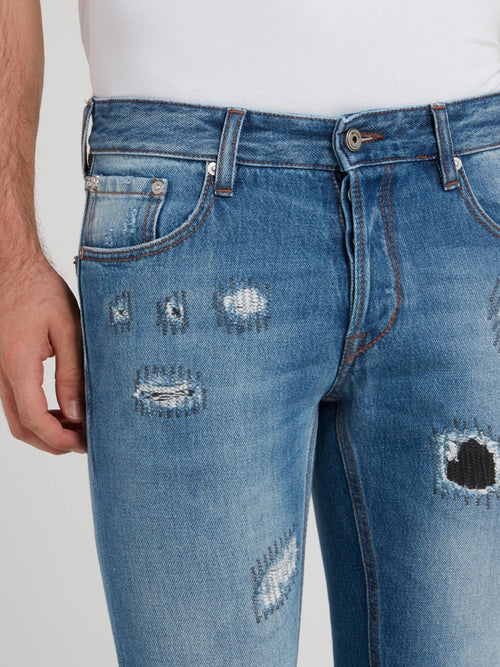 Blue Wash Distressed Denim Jeans