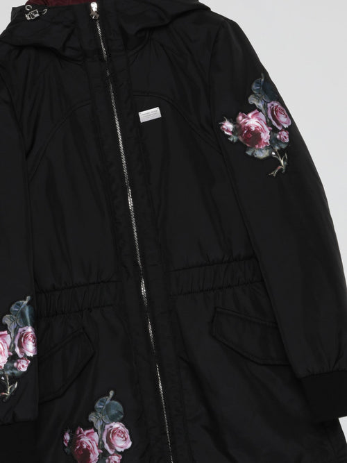 Floral Print Black Long Jacket (Kids)