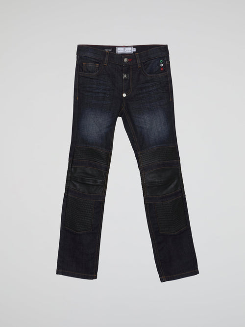 Navy Leather Patch Faded Jeans (Kids)