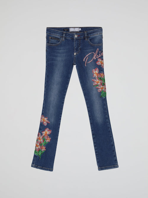 Blue Embroidered Flowers Denim Jeans (Kids)