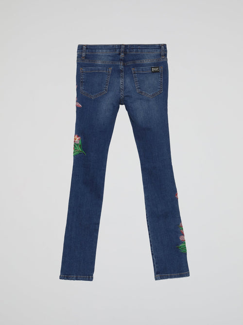 Blue Embroidered Flowers Denim Jeans (Kids)