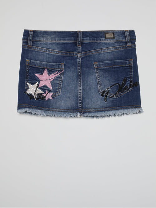 Blue Embroidered Frayed Denim Skirt (Kids)