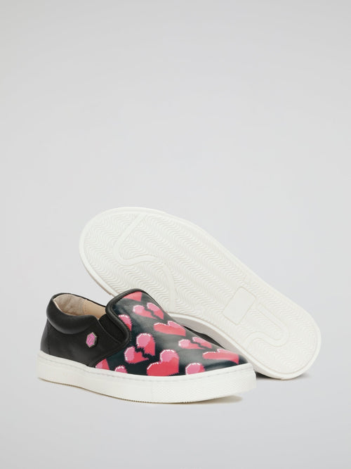 Black Heart Print Slip-On Trainers (Kids)