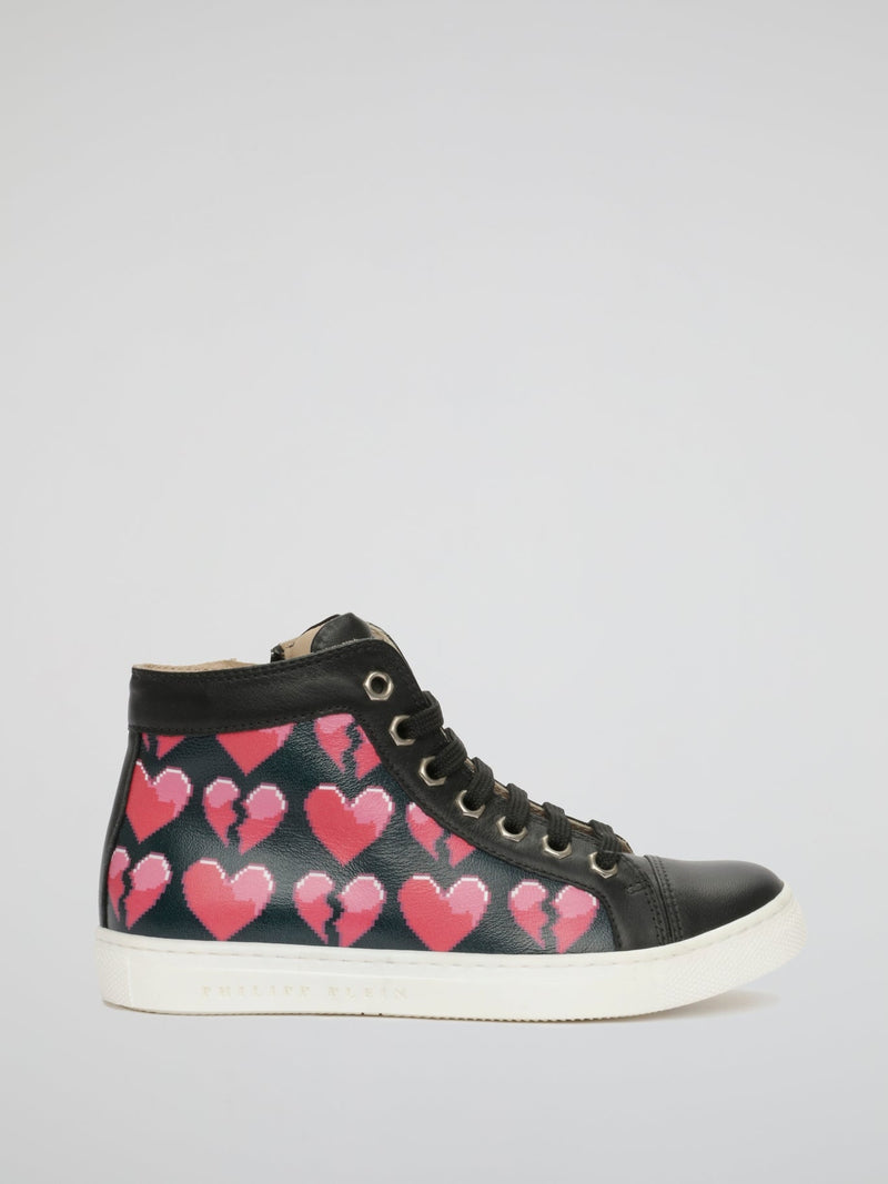 Black Heart Print Leather Shoes (Kids)