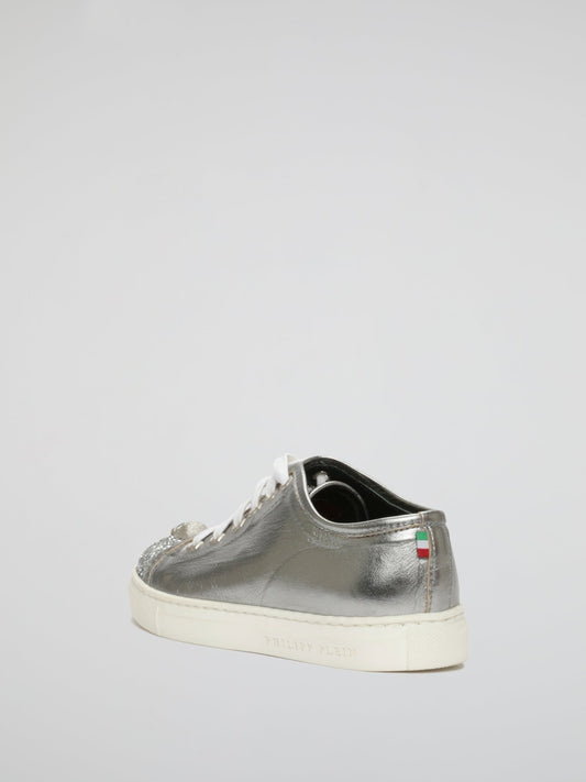 Silver Skull Detail Lace Up Sneakers (Kids)
