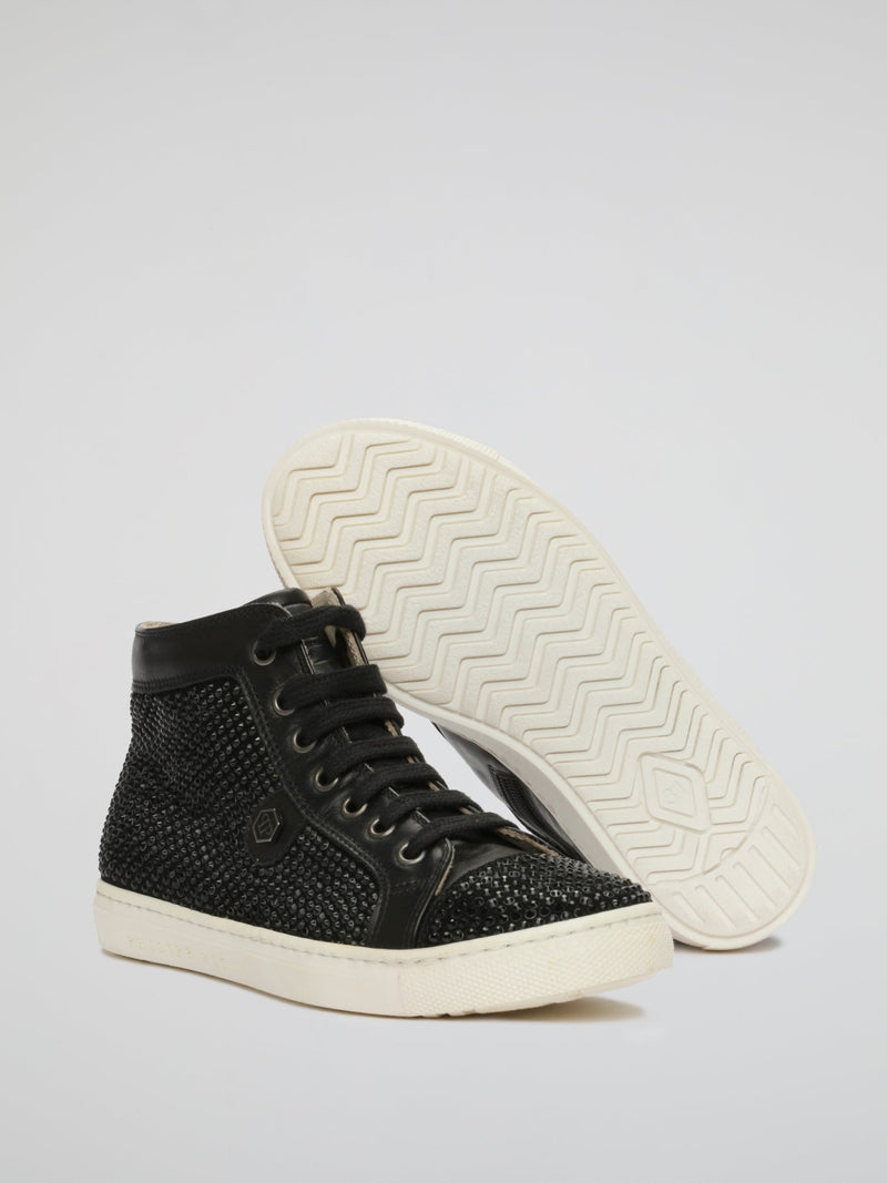 Black Crystal Detail Lace Up Sneakers (Kids)